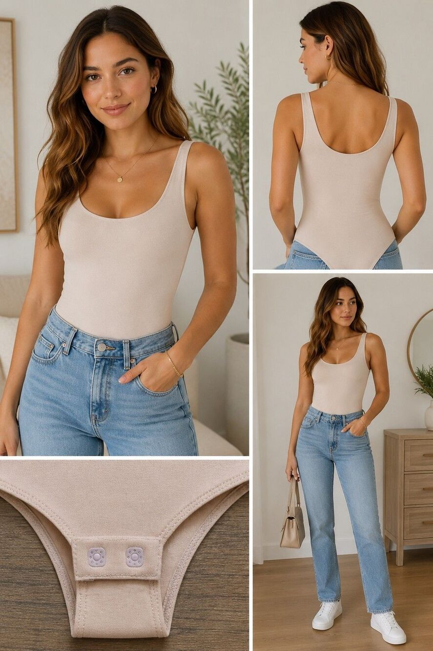Shinesstar Bodysuit Womens Medium Nude Beige Sleeveless Scoop Neck Stretch Top